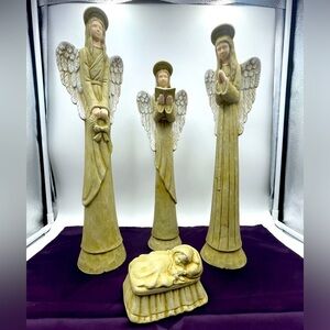 Scioto: Ceramic Hand Painted/Signed Sleeping Baby & Praying-Bible-Wreath Angels